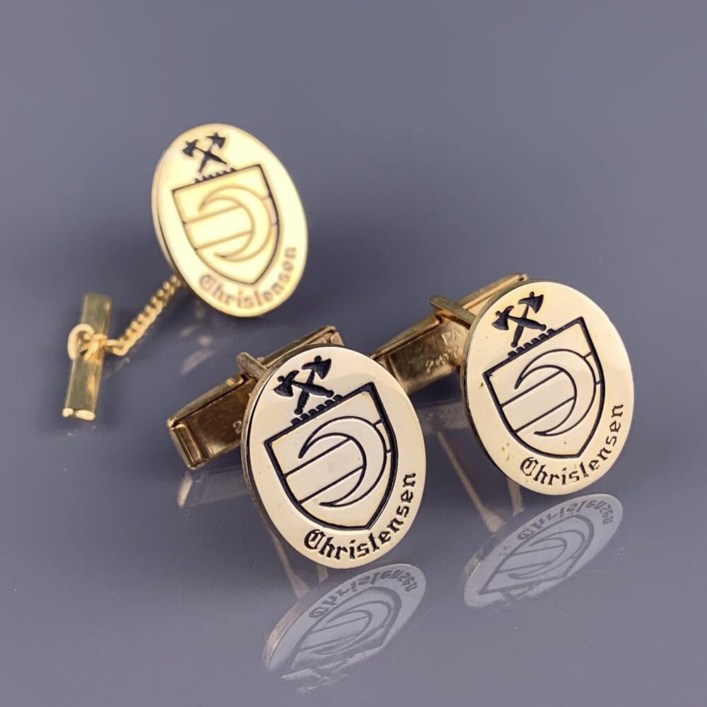 Christensen Family Crest Cufflinks Tie Pin Gold Tone Axes Moon Military Vintage